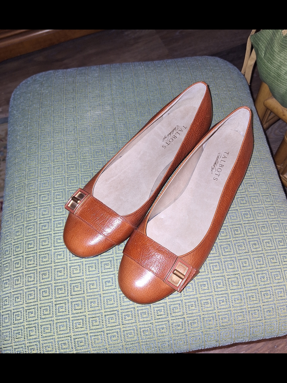 Talbots Tan Leather Ballet Flats with Gold Buckle Accent